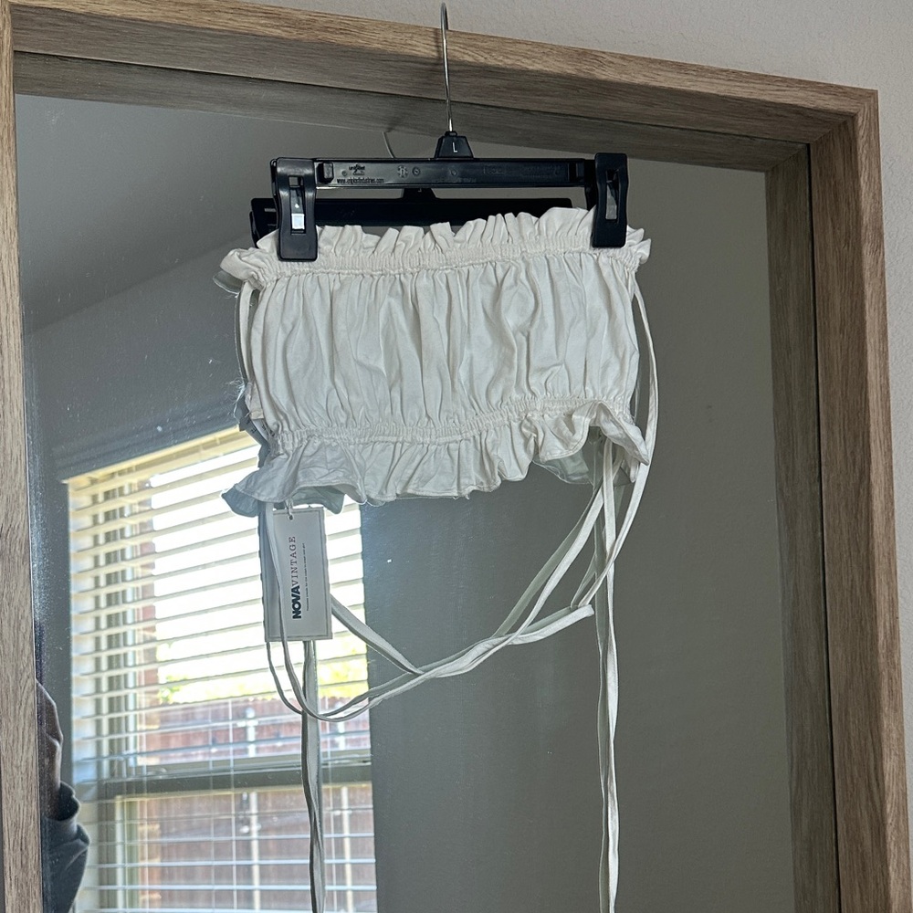 Vintage White Ruching Crop Top with Ties